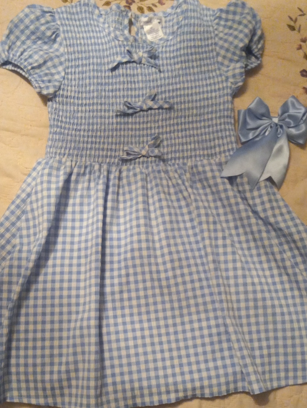 Light Blue Gingham Girls' Casual Dress with Decorative Bows